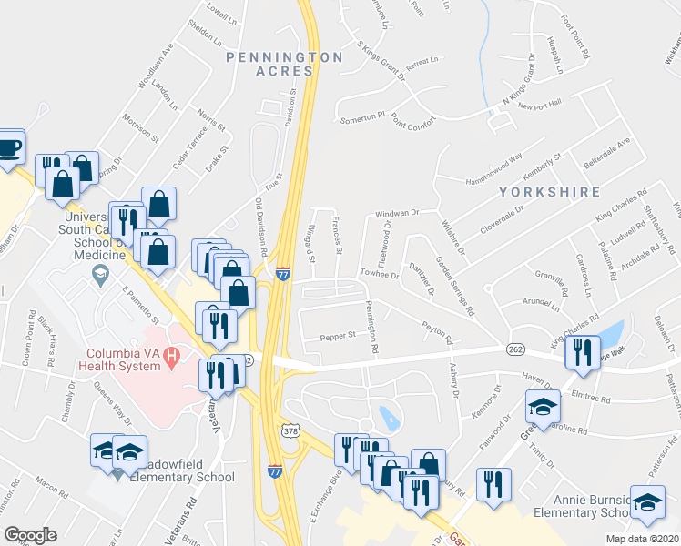 map of restaurants, bars, coffee shops, grocery stores, and more near 6735 Frances Street in Columbia
