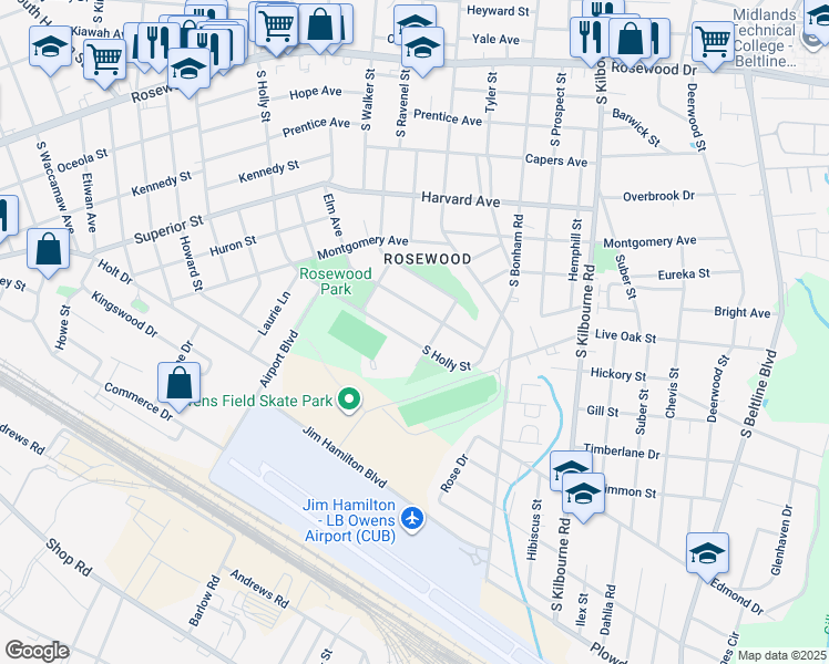 map of restaurants, bars, coffee shops, grocery stores, and more near 1053 Elm Avenue in Columbia