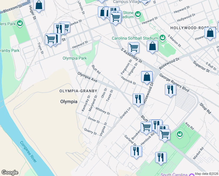 map of restaurants, bars, coffee shops, grocery stores, and more near 1150 Olympia Avenue in Columbia