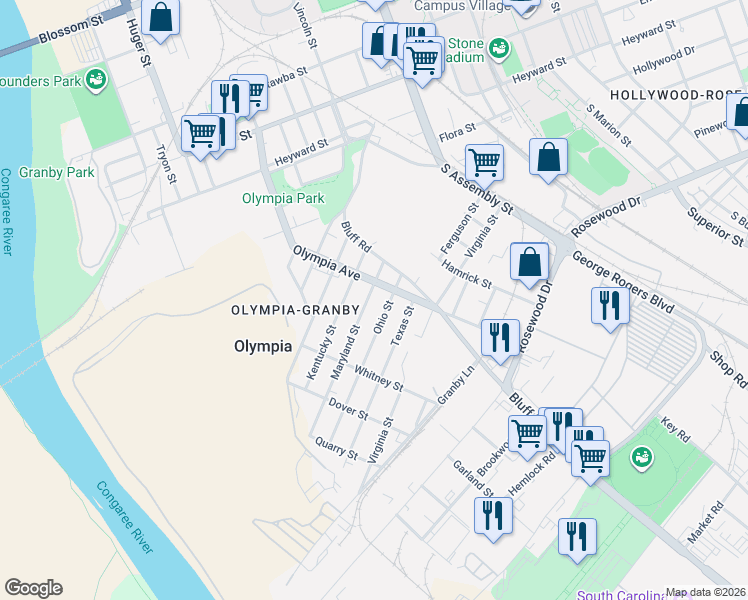 map of restaurants, bars, coffee shops, grocery stores, and more near 1150 Olympia Avenue in Columbia