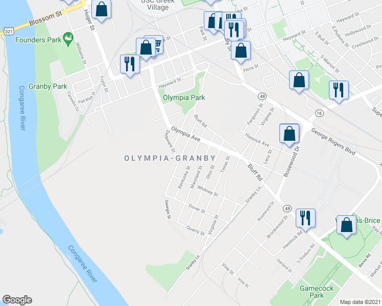 map of restaurants, bars, coffee shops, grocery stores, and more near 525 Georgia Street in Columbia