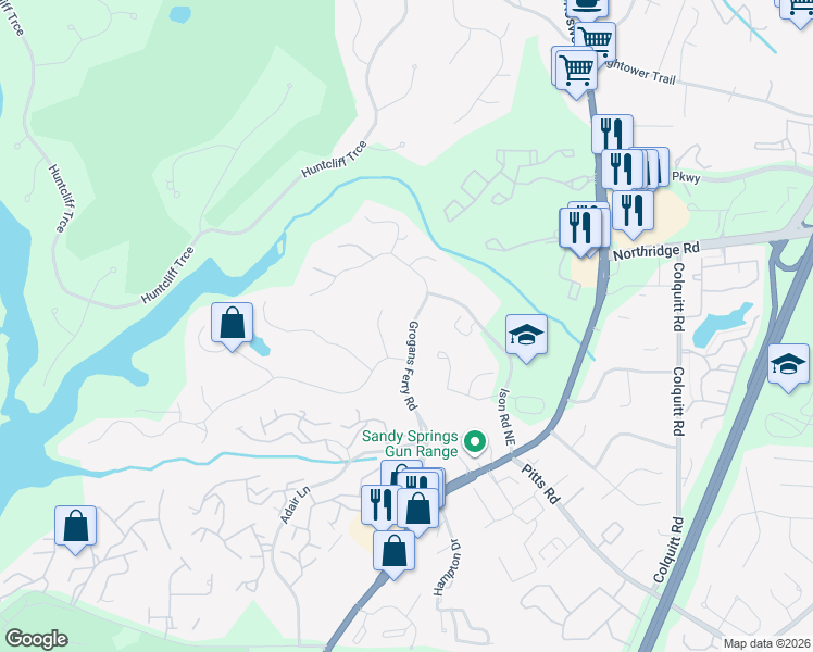 map of restaurants, bars, coffee shops, grocery stores, and more near 8215 Sullivan Hill Road in Atlanta