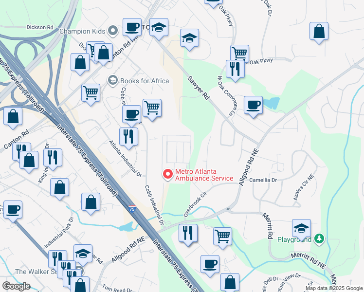 map of restaurants, bars, coffee shops, grocery stores, and more near 1140 Commons Lane in Marietta