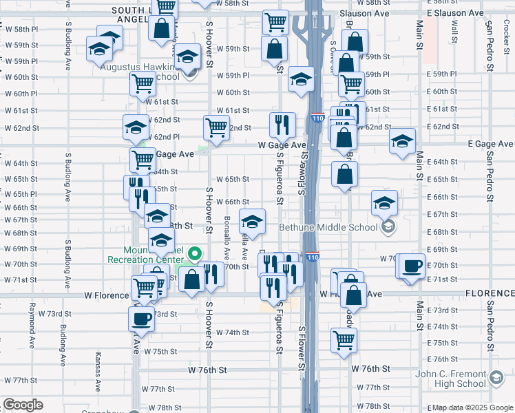 map of restaurants, bars, coffee shops, grocery stores, and more near 6605 Denver Avenue in Los Angeles