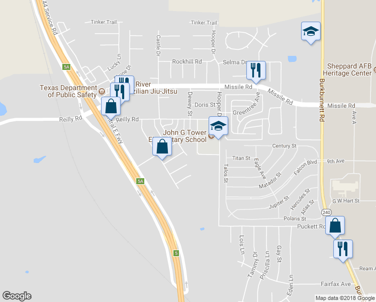 map of restaurants, bars, coffee shops, grocery stores, and more near 5129 Reyes Street in Wichita Falls