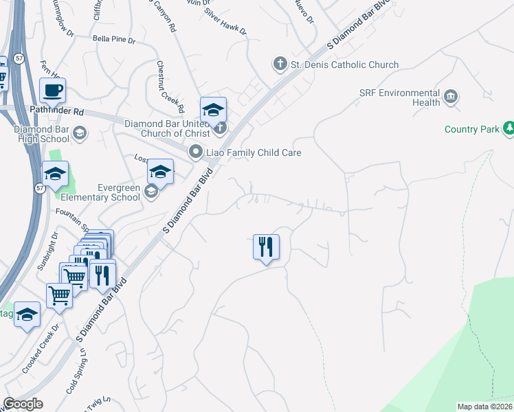 map of restaurants, bars, coffee shops, grocery stores, and more near 22136 Steeplechase Lane in Diamond Bar