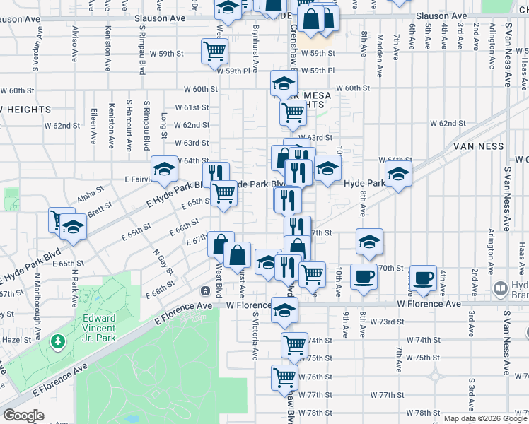 map of restaurants, bars, coffee shops, grocery stores, and more near 6536 South Victoria Avenue in Los Angeles