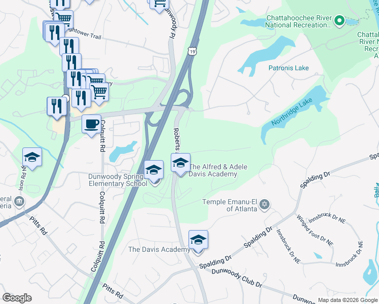 map of restaurants, bars, coffee shops, grocery stores, and more near 1500 Sunnybrook Farm Road in Atlanta