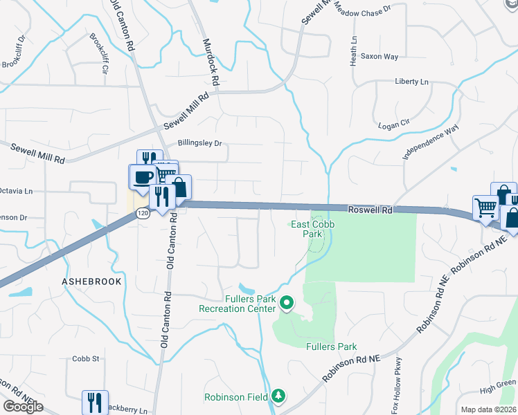map of restaurants, bars, coffee shops, grocery stores, and more near 1227 Pemshire Court Northeast in Marietta