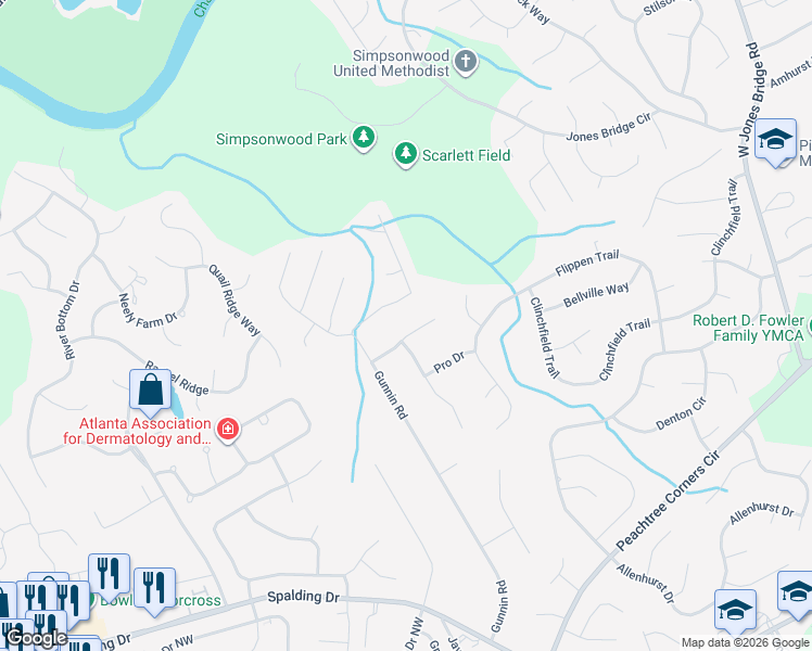 map of restaurants, bars, coffee shops, grocery stores, and more near 5875 Match Point in Norcross