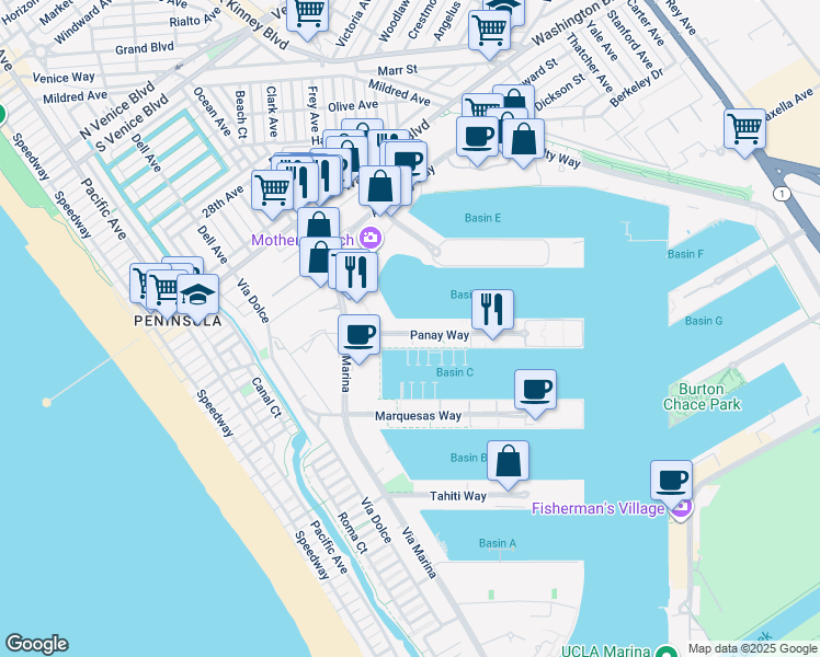 map of restaurants, bars, coffee shops, grocery stores, and more near 14045 Panay Way in Marina del Rey