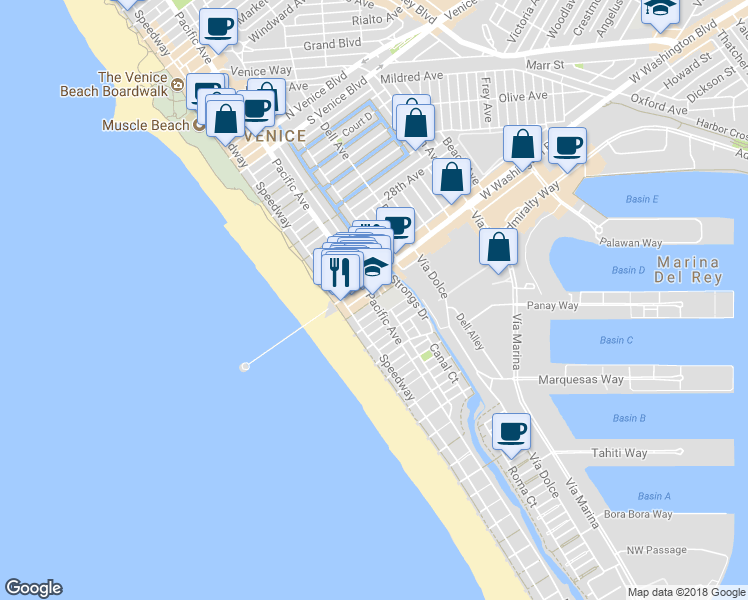 map of restaurants, bars, coffee shops, grocery stores, and more near 104 Anchorage St in Marina del Rey