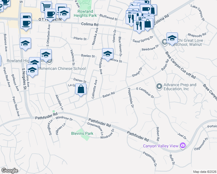 map of restaurants, bars, coffee shops, grocery stores, and more near 19535 Rogan Court in Rowland Heights