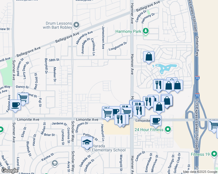 map of restaurants, bars, coffee shops, grocery stores, and more near 5986 Altyn Drive in Eastvale