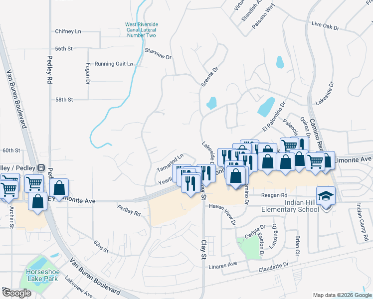 map of restaurants, bars, coffee shops, grocery stores, and more near 8255 Tamarind Lane in Riverside