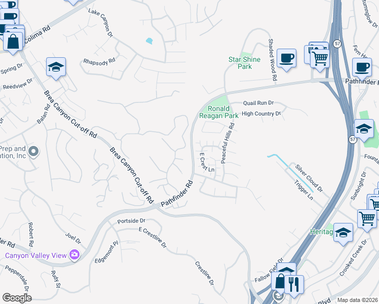 map of restaurants, bars, coffee shops, grocery stores, and more near 2280 Pointer Drive in Walnut