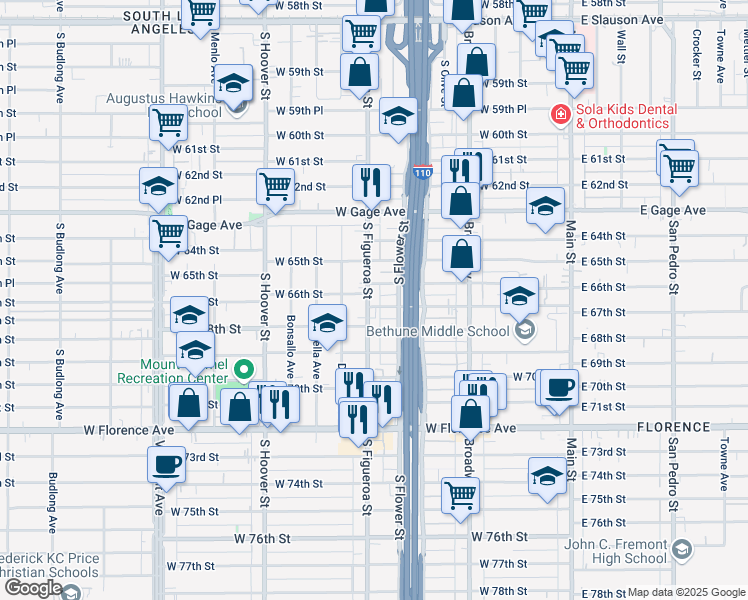 map of restaurants, bars, coffee shops, grocery stores, and more near 6600 South Figueroa Street in Los Angeles