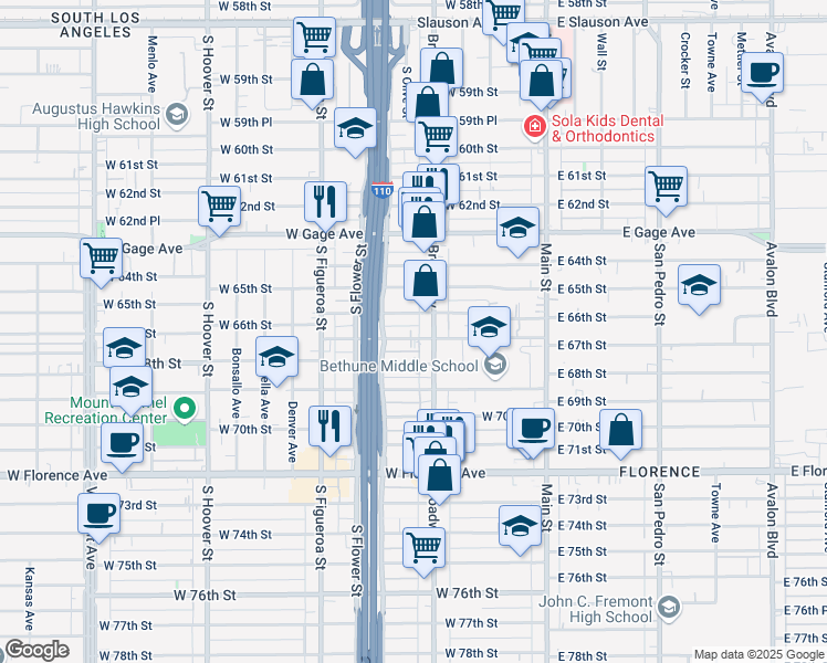 map of restaurants, bars, coffee shops, grocery stores, and more near 319 West 67th Street in Los Angeles