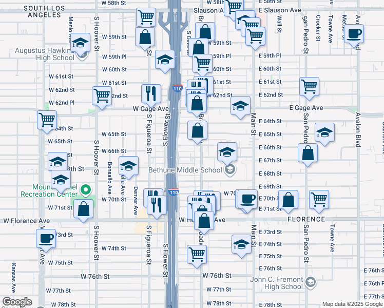 map of restaurants, bars, coffee shops, grocery stores, and more near 319 West 67th Street in Los Angeles