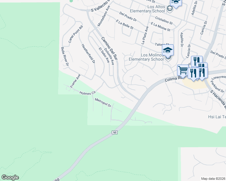 map of restaurants, bars, coffee shops, grocery stores, and more near 3403 Dolonita Avenue in Hacienda Heights