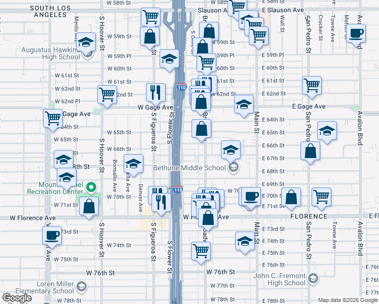 map of restaurants, bars, coffee shops, grocery stores, and more near 332 West 66th Street in Los Angeles