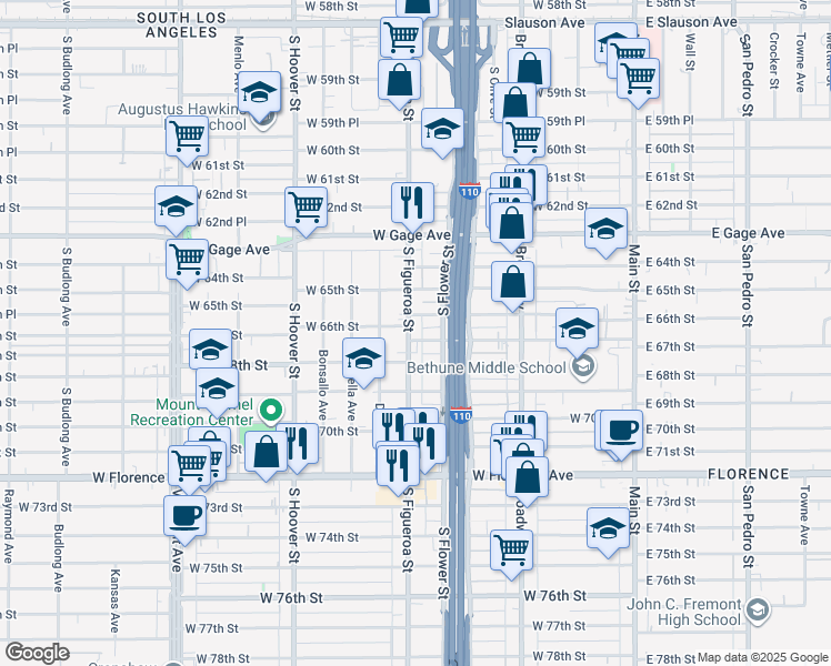 map of restaurants, bars, coffee shops, grocery stores, and more near 6616 South Figueroa Street in Los Angeles