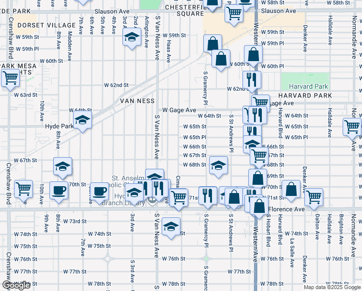 map of restaurants, bars, coffee shops, grocery stores, and more near 2064 West 65th Place in Los Angeles