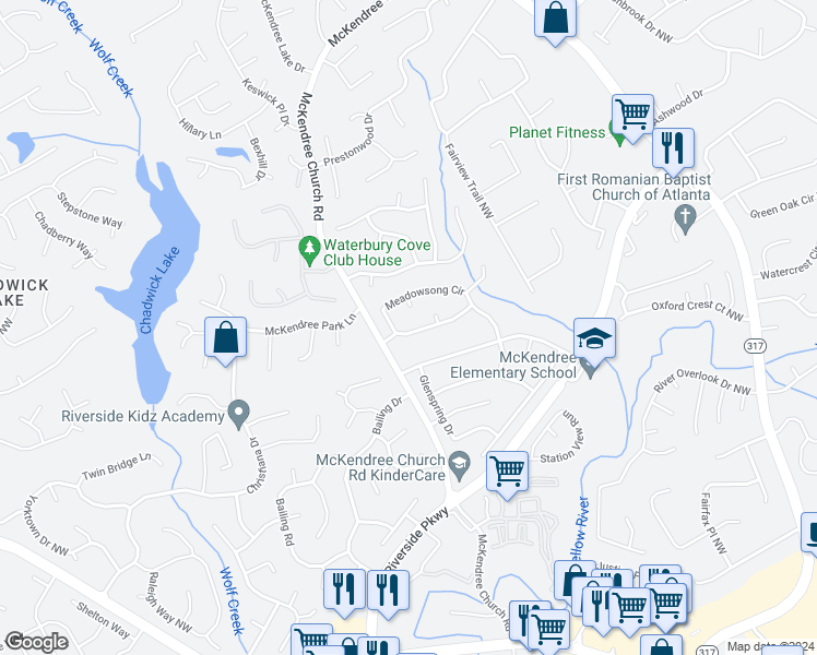 map of restaurants, bars, coffee shops, grocery stores, and more near 805 Meadowsong Circle in Lawrenceville