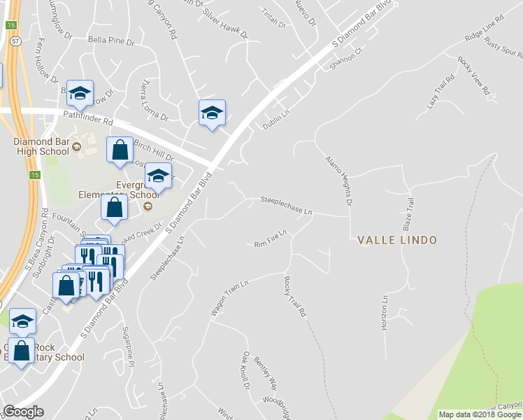 map of restaurants, bars, coffee shops, grocery stores, and more near 22136 Steeplechase Lane in Diamond Bar