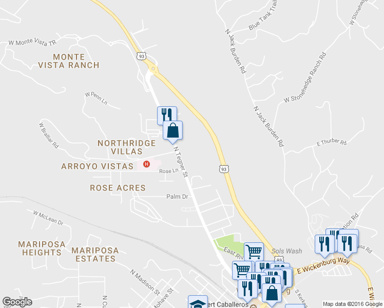 map of restaurants, bars, coffee shops, grocery stores, and more near 975 North Tegner Street in Wickenburg