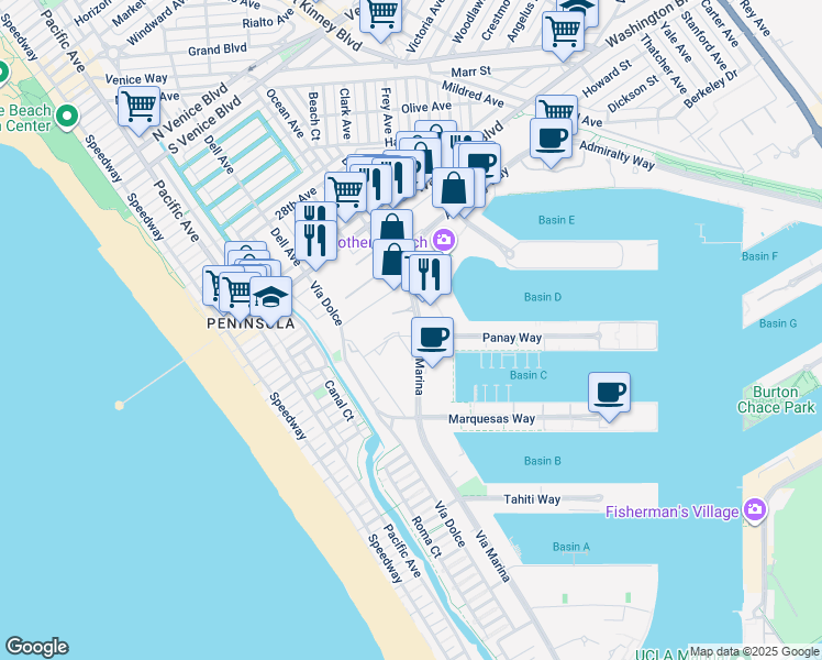 map of restaurants, bars, coffee shops, grocery stores, and more near 4169 Vía Marina in Marina del Rey