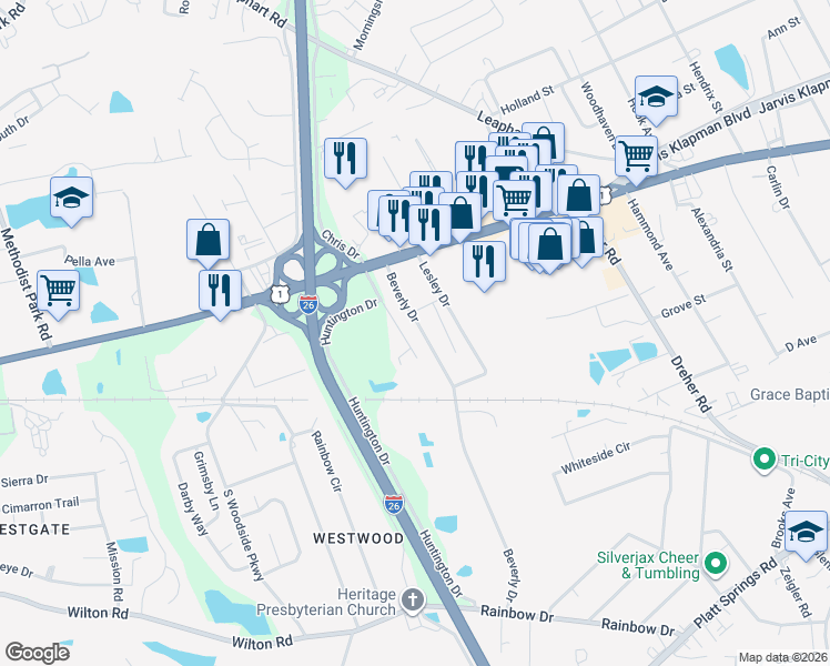 map of restaurants, bars, coffee shops, grocery stores, and more near 208 Beverly Drive in West Columbia