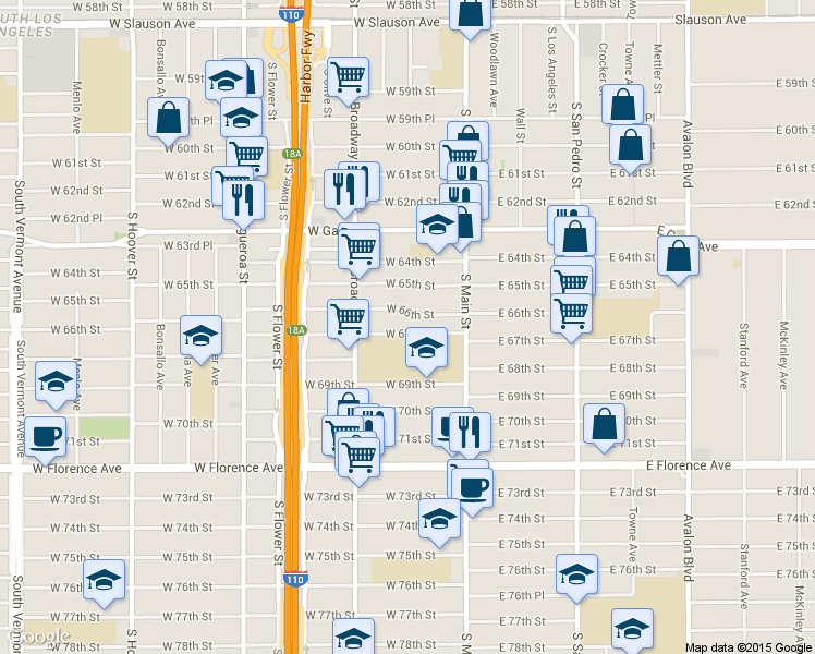 map of restaurants, bars, coffee shops, grocery stores, and more near 201 West 67th Street in Los Angeles