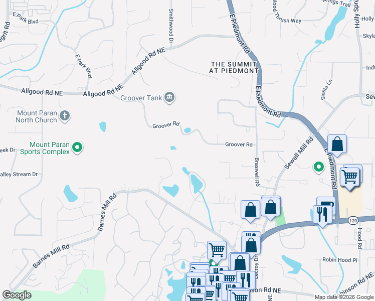 map of restaurants, bars, coffee shops, grocery stores, and more near 2101 Groover Road in Marietta