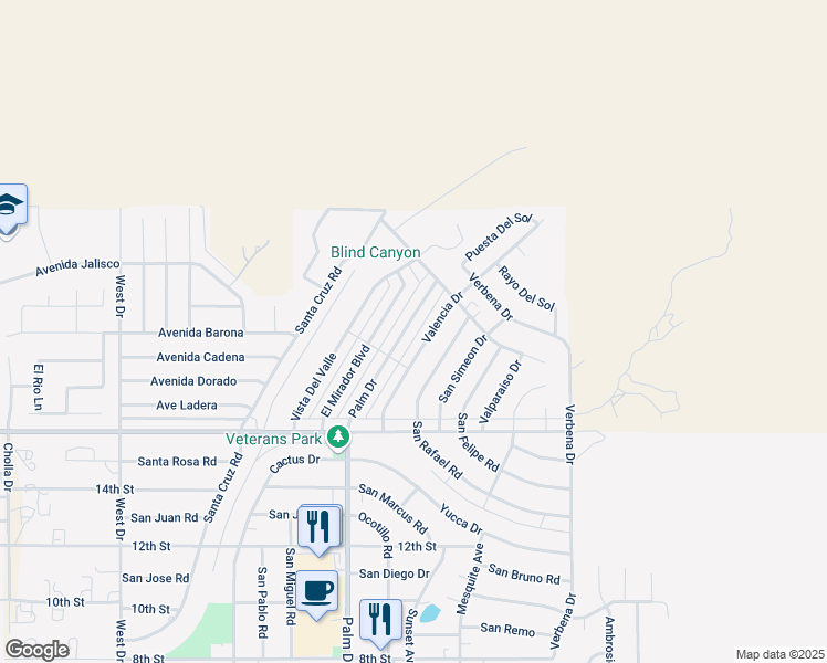 map of restaurants, bars, coffee shops, grocery stores, and more near 9526 Palm Drive in Desert Hot Springs