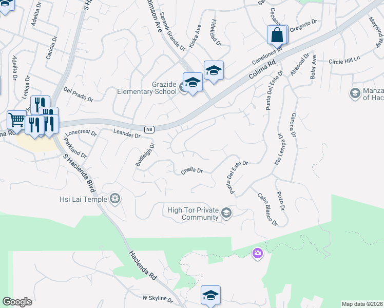 map of restaurants, bars, coffee shops, grocery stores, and more near 15935 Sierra Pass Way in Hacienda Heights