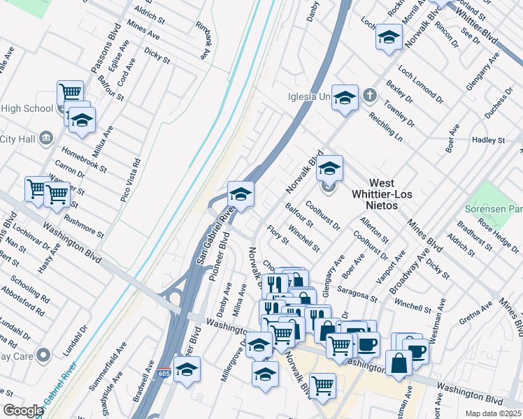 map of restaurants, bars, coffee shops, grocery stores, and more near 7351 Norwalk Boulevard in Whittier