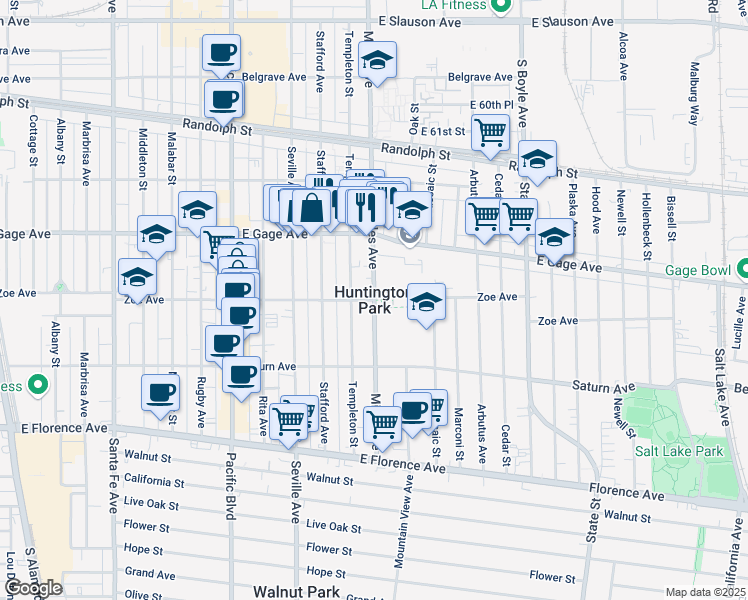 map of restaurants, bars, coffee shops, grocery stores, and more near in Walnut Park