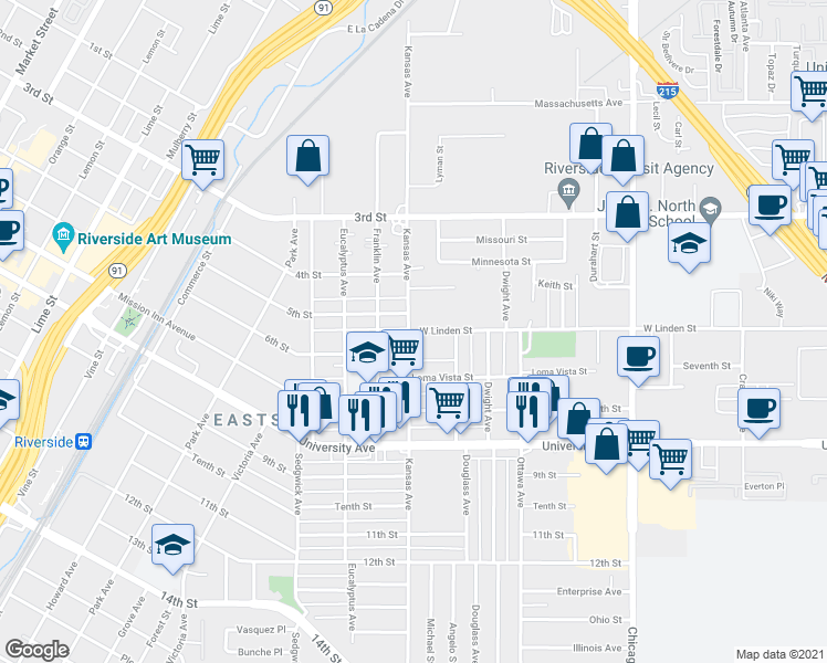 map of restaurants, bars, coffee shops, grocery stores, and more near 2093 West Linden Street in Riverside