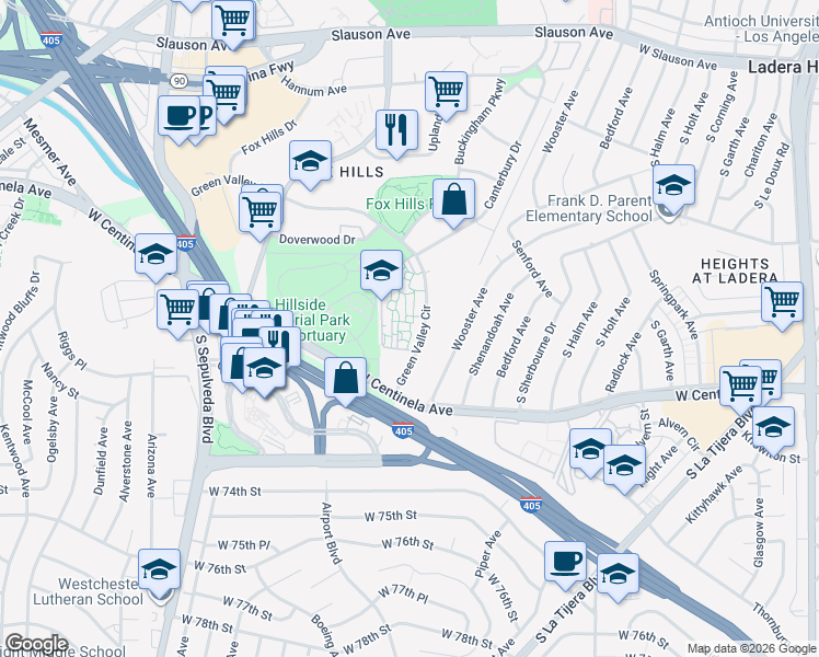map of restaurants, bars, coffee shops, grocery stores, and more near 6541 Green Valley Circle in Culver City
