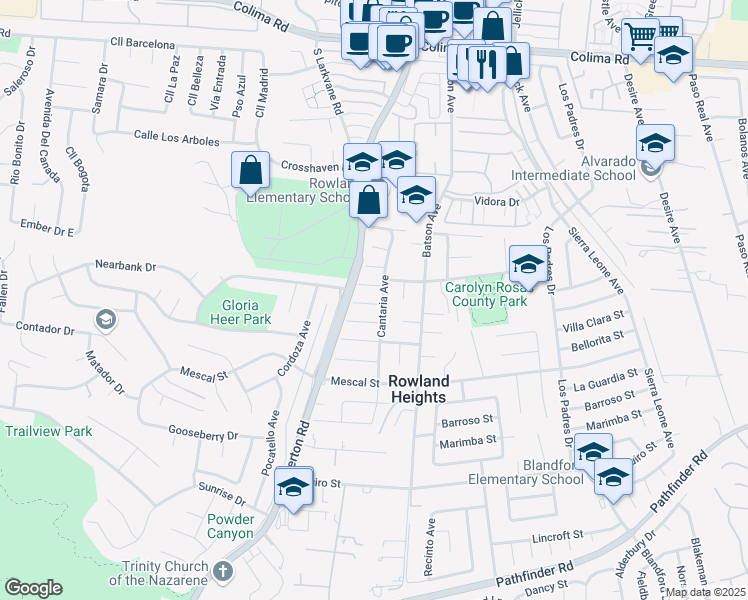 map of restaurants, bars, coffee shops, grocery stores, and more near 18233 Mescalero Street in Rowland Heights