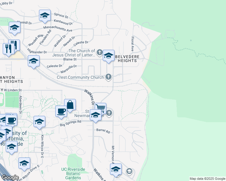 map of restaurants, bars, coffee shops, grocery stores, and more near 102 Linden Street in Riverside