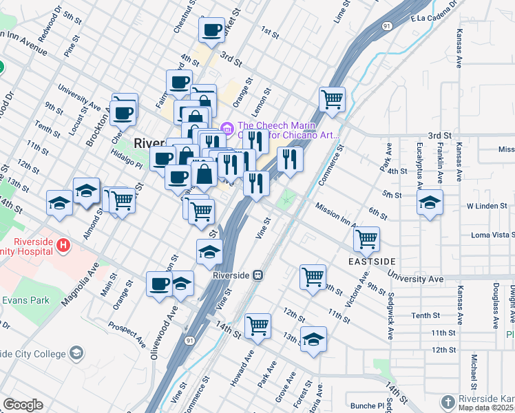 map of restaurants, bars, coffee shops, grocery stores, and more near in Riverside