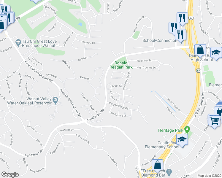 map of restaurants, bars, coffee shops, grocery stores, and more near East Crest Lane in Walnut