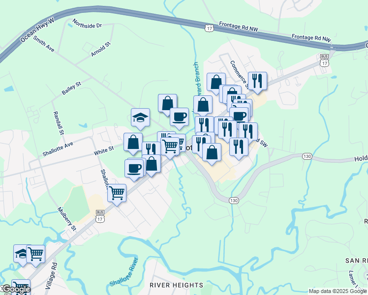 map of restaurants, bars, coffee shops, grocery stores, and more near  in Shallotte