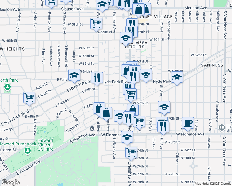 map of restaurants, bars, coffee shops, grocery stores, and more near 6545 South Victoria Avenue in Los Angeles
