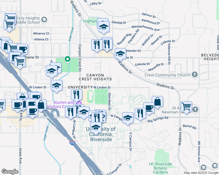 map of restaurants, bars, coffee shops, grocery stores, and more near in Riverside