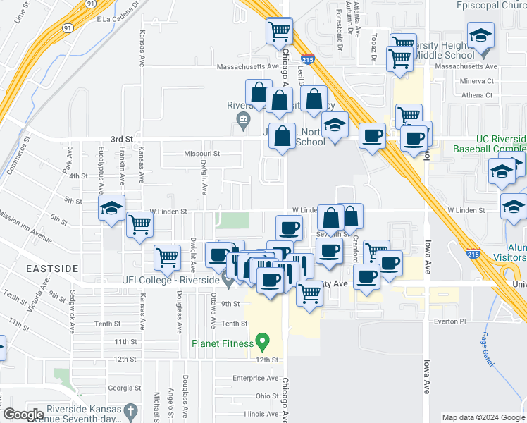 map of restaurants, bars, coffee shops, grocery stores, and more near 3546 Lou Ella Lane in Riverside