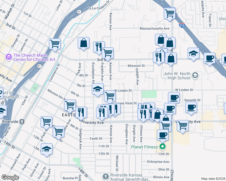 map of restaurants, bars, coffee shops, grocery stores, and more near 3490 Kansas Avenue in Riverside