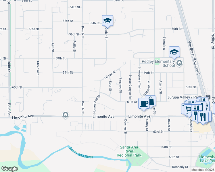 map of restaurants, bars, coffee shops, grocery stores, and more near 5978 Spur Street in Riverside